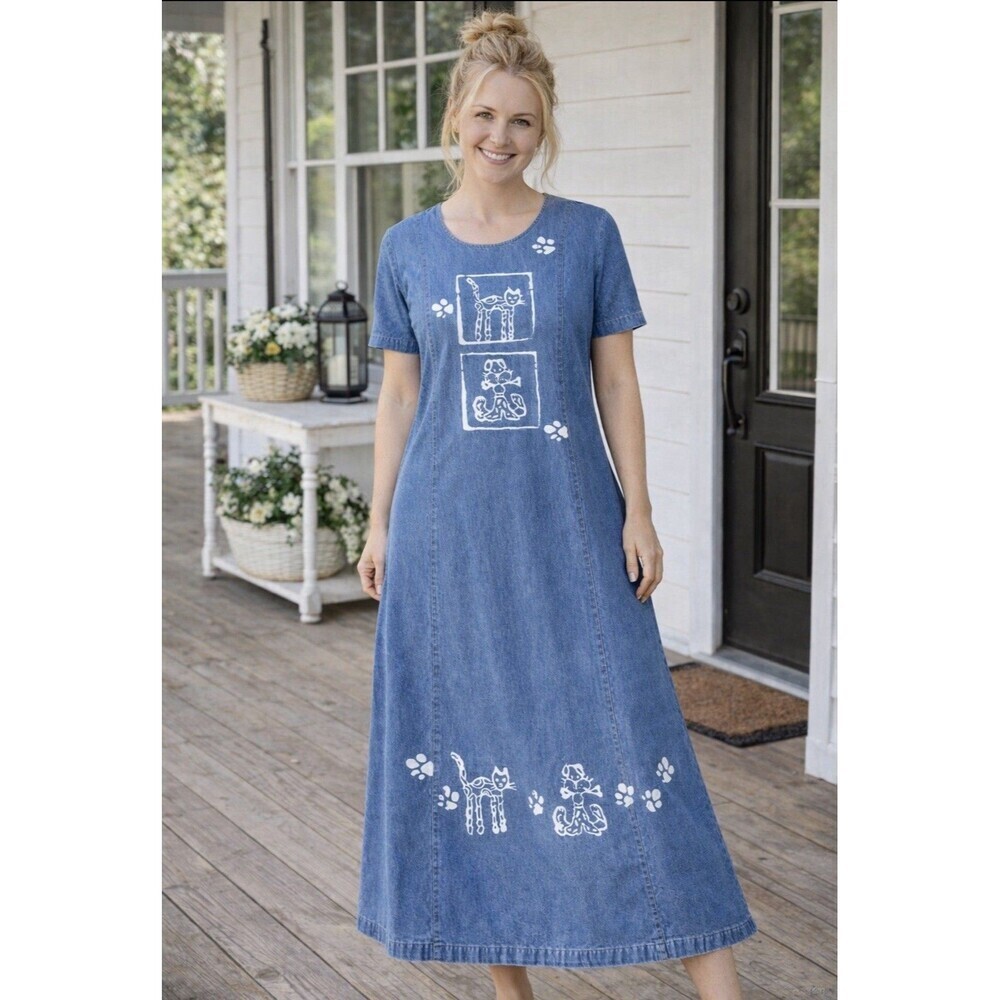 Vintage 80s Denim Maxi Dress Cat Dog Print Donna USA Med Folk Art Quirky Modest